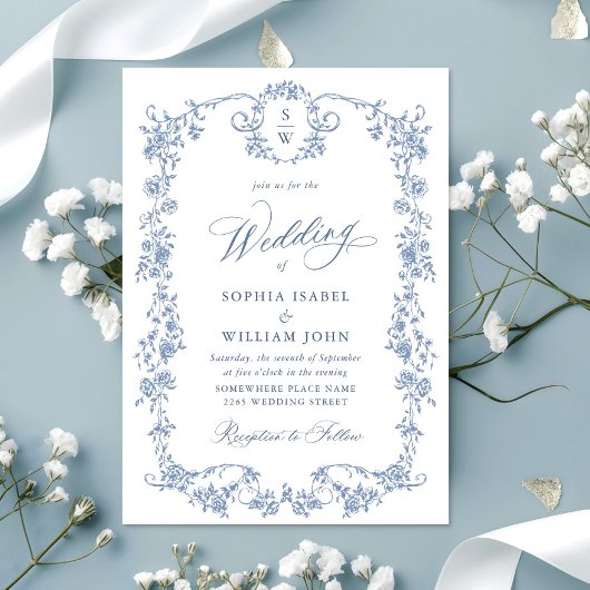 Victoriaans  Grace Floral Dusty Blue Wedding Kaart