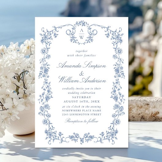 Victoriaans  Grace Floral Dusty Blue Wedding Kaart