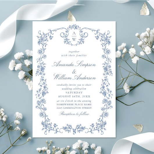 Victoriaans  Grace Floral Dusty Blue Wedding Kaart