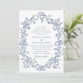 Victoriaans Grace Floral Dusty Blue Wedding Kaart (Staand voorkant)