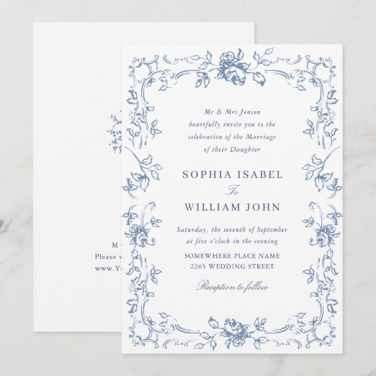 Victoriaans  Grace Floral Dusty Blue Wedding Kaart (Voorkant / Achterkant)