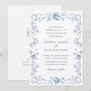 Victoriaans Grace Floral Dusty Blue Wedding Kaart