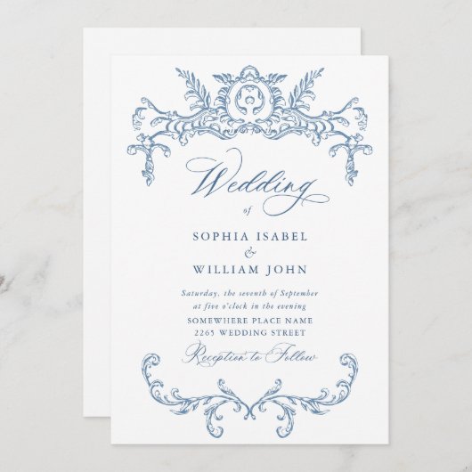 Victoriaans  Grace Floral Dusty Blue Wedding Kaart (Voorkant / Achterkant)