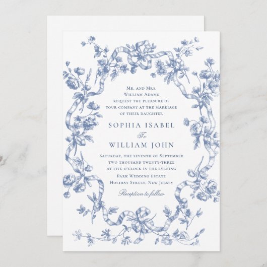 Victoriaans  Grace Floral Dusty Blue Wedding Kaart (Voorkant / Achterkant)