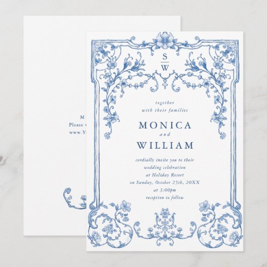 Victoriaans  Grace Floral Dusty Blue Wedding Kaart (Voorkant / Achterkant)