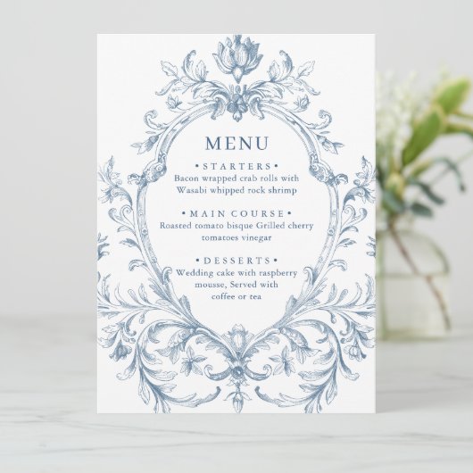 Victoriaans  Grace Floral Dusty Blue Wedding Menu (Staand voorkant)