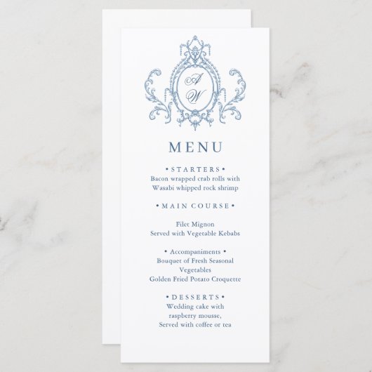 Victoriaans  Grace Floral Dusty Blue Wedding Menu (Voorkant / Achterkant)