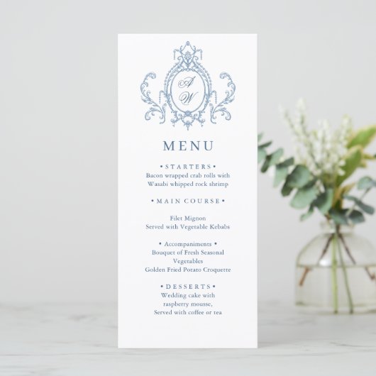 Victoriaans  Grace Floral Dusty Blue Wedding Menu (Staand voorkant)