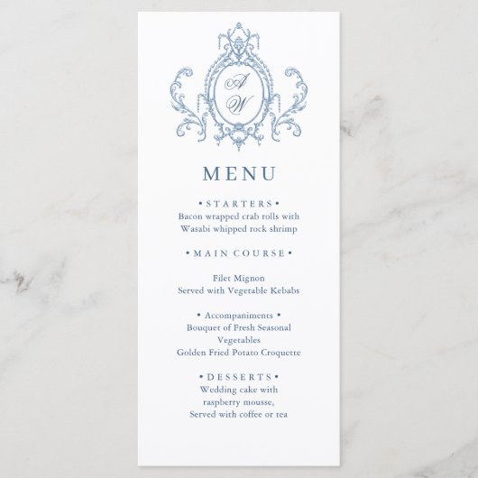 Victoriaans  Grace Floral Dusty Blue Wedding Menu (Voorkant)