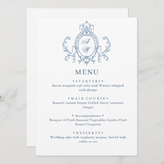 Victoriaans  Grace Floral Dusty Blue Wedding Menu (Voorkant / Achterkant)