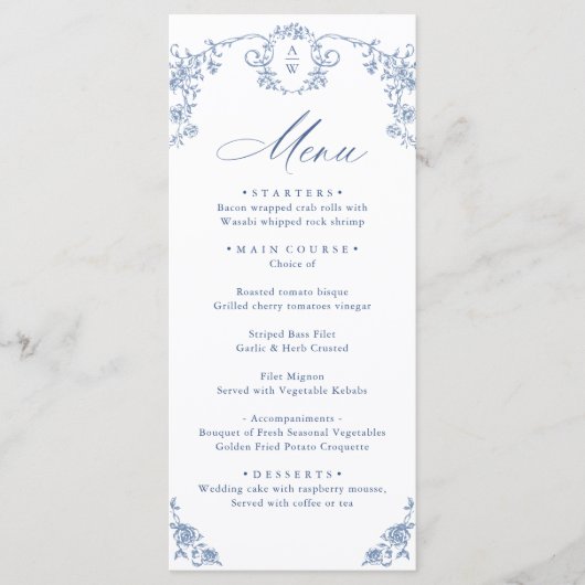 Victoriaans  Grace Floral Dusty Blue Wedding Menu (Voorkant)