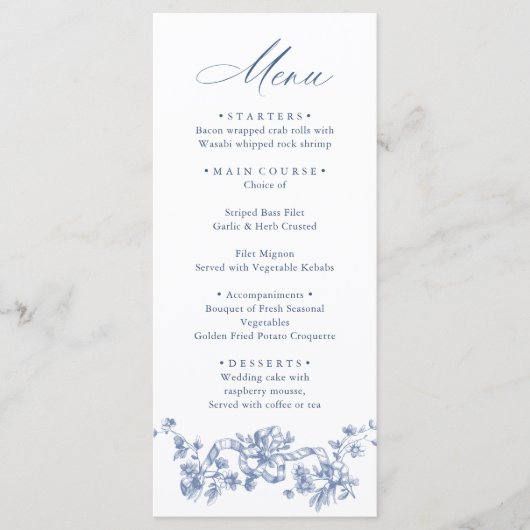 Victoriaans  Grace Floral Dusty Blue Wedding Menu (Voorkant)