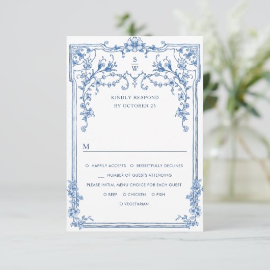 Victoriaans  Grace Floral Dusty Blue Wedding RSVP Kaartje (Staand voorkant)