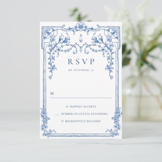 Victoriaans Grace Floral Dusty Blue Wedding RSVP Kaartje (Staand voorkant)