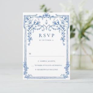 Victoriaans  Grace Floral Dusty Blue Wedding RSVP Kaartje