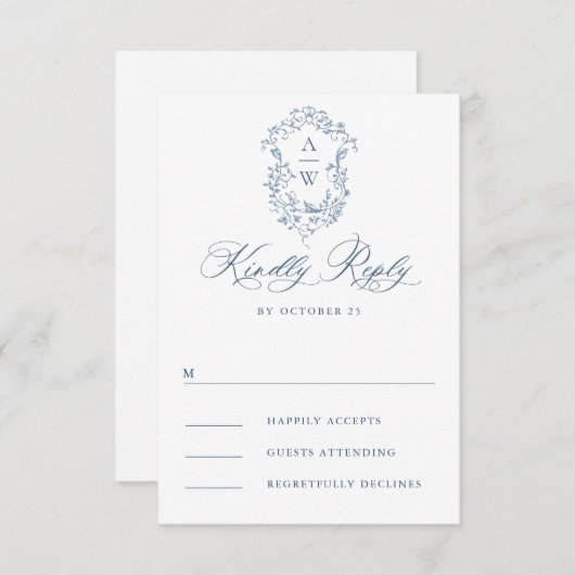 Victoriaans  Grace Floral Dusty Blue Wedding RSVP Kaartje (Voorkant / Achterkant)