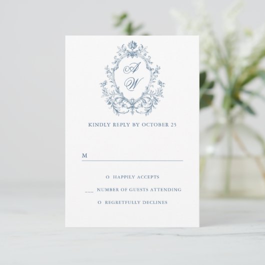 Victoriaans Grace Floral Dusty Blue Wedding RSVP Kaartje (Staand voorkant)