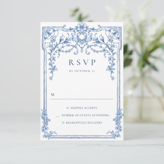 Victoriaans  Grace Floral Dusty Blue Wedding RSVP Kaartje (Staand voorkant)