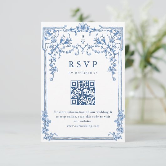 Victoriaans  Grace Floral Dusty Blue Wedding RSVP Kaartje (Staand voorkant)