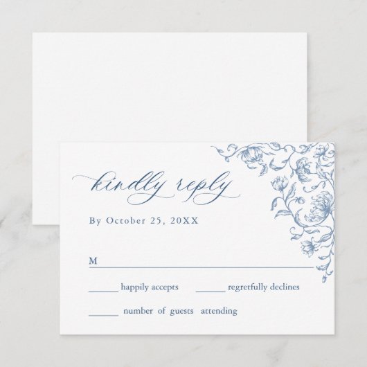 Victoriaans Grace Floral Dusty Blue Wedding RSVP Kaartje (Voorkant / Achterkant)