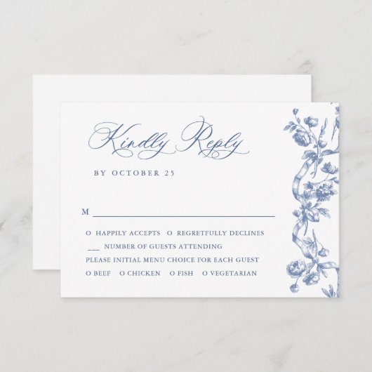 Victoriaans  Grace Floral Dusty Blue Wedding RSVP Kaartje (Voorkant / Achterkant)