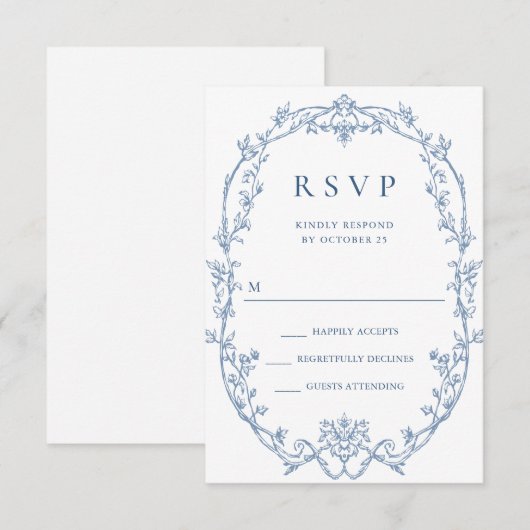 Victoriaans  Grace Floral Dusty Blue Wedding RSVP Kaartje (Voorkant / Achterkant)