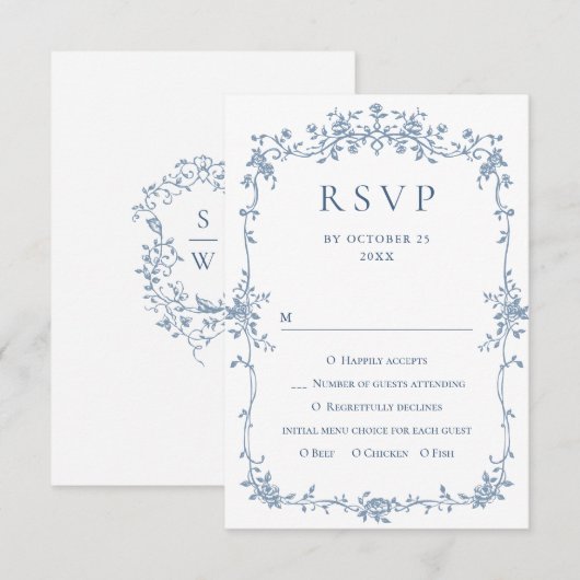 Victoriaans  Grace Floral Dusty Blue Wedding RSVP Kaartje (Voorkant / Achterkant)