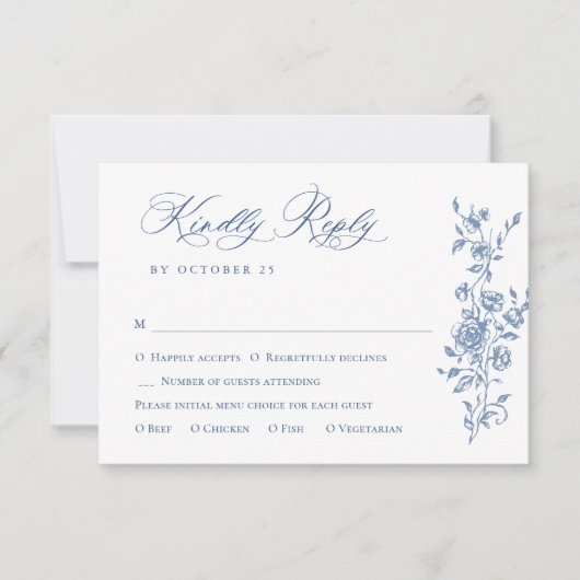 Victoriaans  Grace Floral Dusty Blue Wedding RSVP Kaartje (Voorkant)