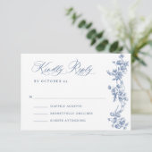 Victoriaans  Grace Floral Dusty Blue Wedding RSVP Kaartje (Staand voorkant)