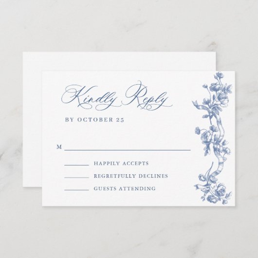 Victoriaans  Grace Floral Dusty Blue Wedding RSVP Kaartje (Voorkant / Achterkant)