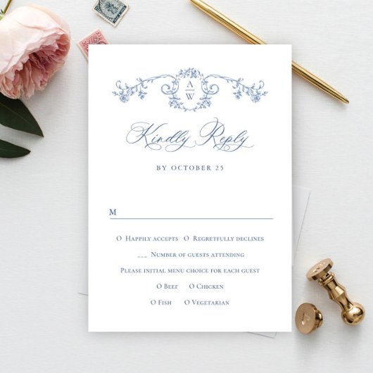 Victoriaans  Grace Floral Dusty Blue Wedding RSVP Kaartje