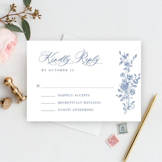 Victoriaans Grace Floral Dusty Blue Wedding RSVP Kaartje
