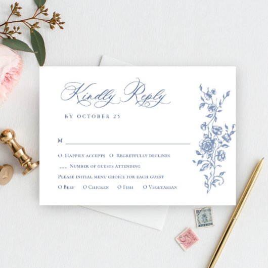 Victoriaans  Grace Floral Dusty Blue Wedding RSVP Kaartje