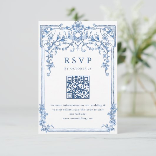 Victoriaans Grace Floral Dusty Blue Wedding RSVP Kaartje (Staand voorkant)