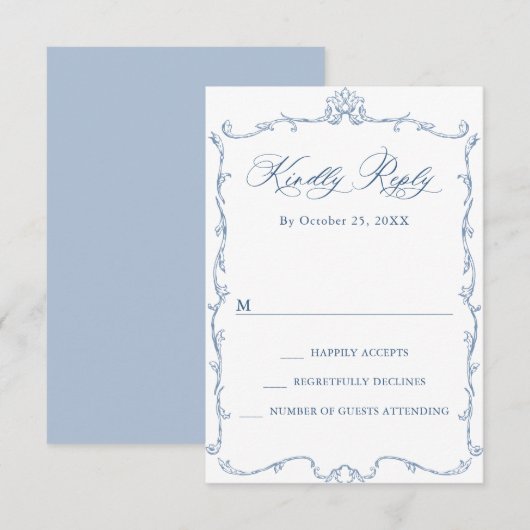 Victoriaans  Grace Floral Dusty Blue Wedding RSVP Kaartje (Voorkant / Achterkant)