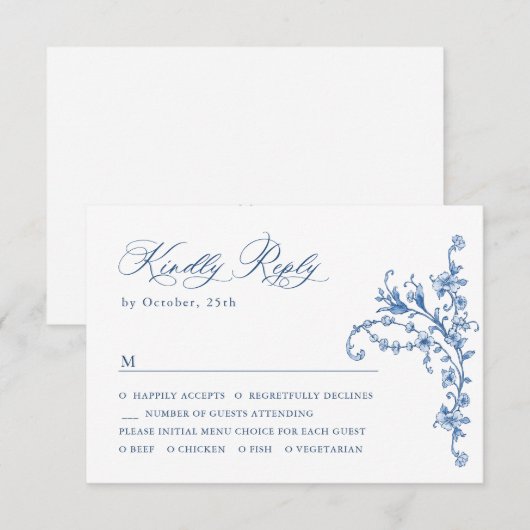 Victoriaans  Grace Floral Dusty Blue Wedding RSVP Kaartje (Voorkant / Achterkant)