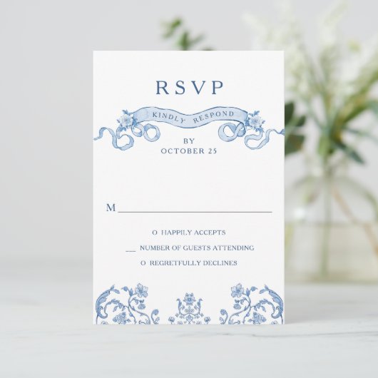 Victoriaans  Grace Floral Dusty Blue Wedding RSVP Kaartje (Staand voorkant)