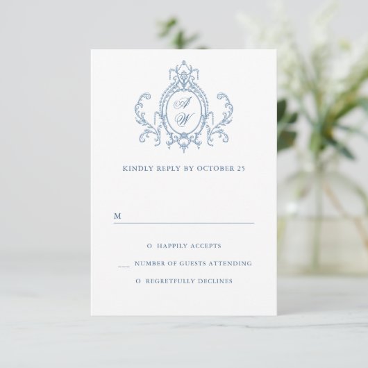 Victoriaans  Grace Floral Dusty Blue Wedding RSVP Kaartje (Staand voorkant)