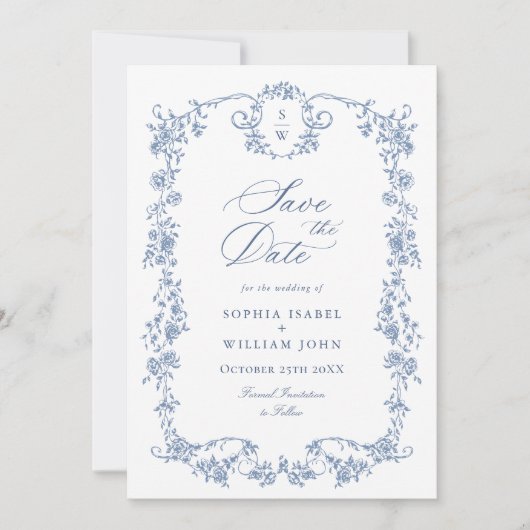 Victoriaans Grace Floral Dusty Blue Wedding Save The Date (Voorkant)