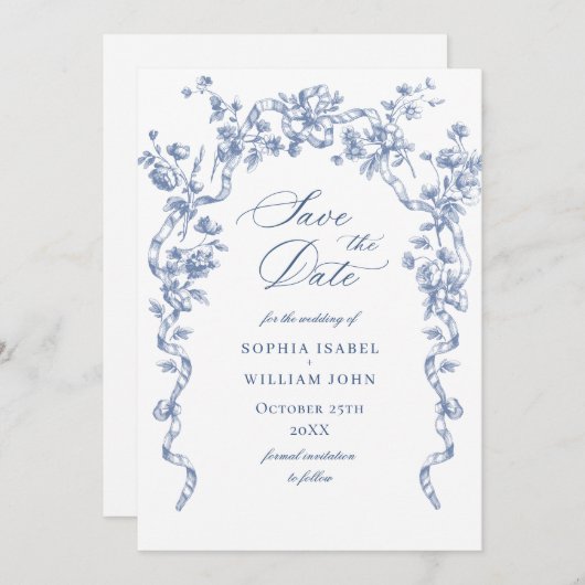 Victoriaans  Grace Floral Dusty Blue Wedding Save The Date (Voorkant / Achterkant)