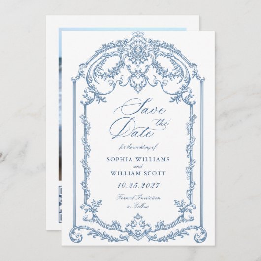 Victoriaans  Grace Floral Dusty Blue Wedding Save The Date (Voorkant / Achterkant)