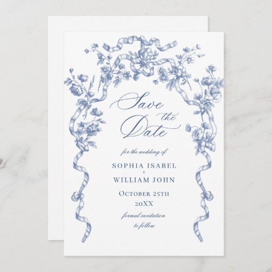 Victoriaans  Grace Floral Dusty Blue Wedding Save The Date (Voorkant / Achterkant)