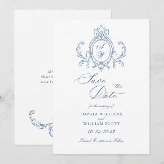 Victoriaans  Grace Floral Dusty Blue Wedding Save The Date (Voorkant / Achterkant)