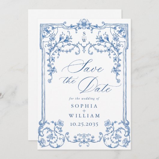 Victoriaans  Grace Floral Dusty Blue Wedding Save The Date (Voorkant / Achterkant)