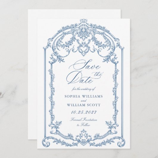 Victoriaans  Grace Floral Dusty Blue Wedding Save The Date (Voorkant / Achterkant)