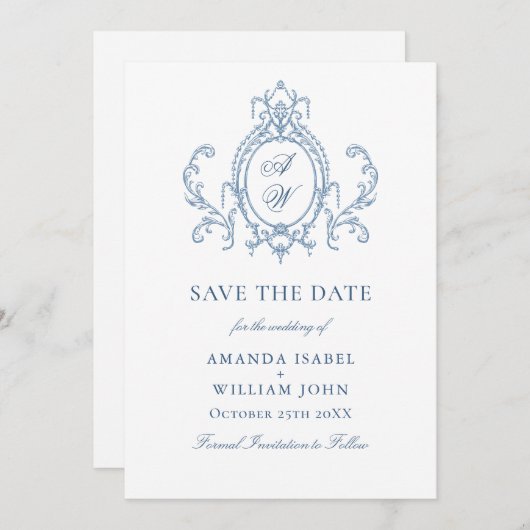 Victoriaans  Grace Floral Dusty Blue Wedding Save The Date (Voorkant / Achterkant)