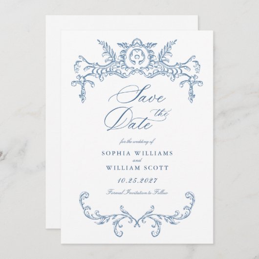 Victoriaans  Grace Floral Dusty Blue Wedding Save The Date (Voorkant / Achterkant)