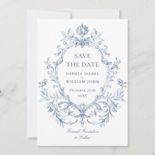 Victoriaans  Grace Floral Dusty Blue Wedding Save The Date (Voorkant)