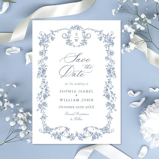Victoriaans Grace Floral Dusty Blue Wedding Save The Date
