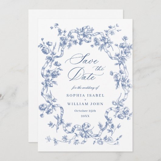 Victoriaans Grace Floral Dusty Blue Wedding Save The Date (Voorkant / Achterkant)